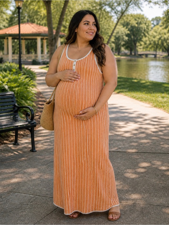 Time and Tru Dresses & Skirts - Time and Tru Orange Vertical-Stripe Ribbed Maxi Dress